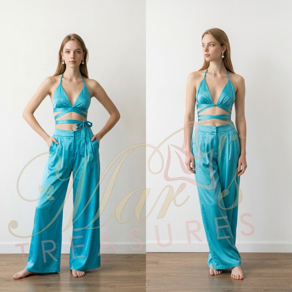 NWT O. VIANCA Satin Blue Two Cropped Pants Set Sz M